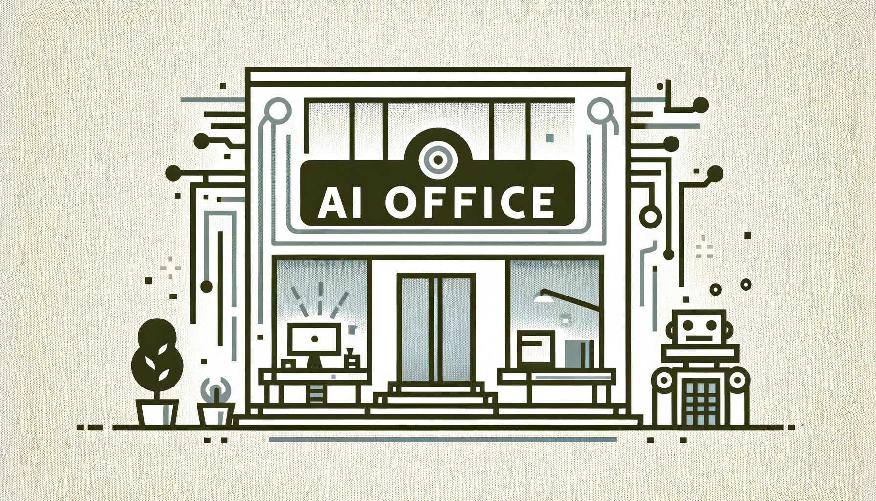 Minimalist representation of opening an AI office, featuring simple lines and shapes depicting a new office with AI symbols such as a robot or circuit.