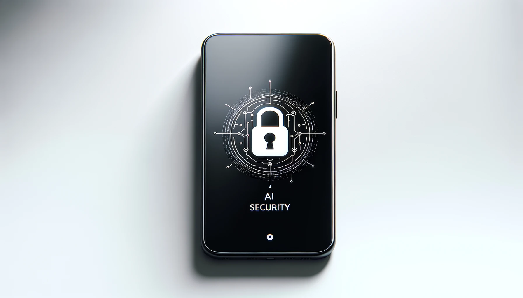 Minimalist illustration of AI security with sleek device and security symbols.