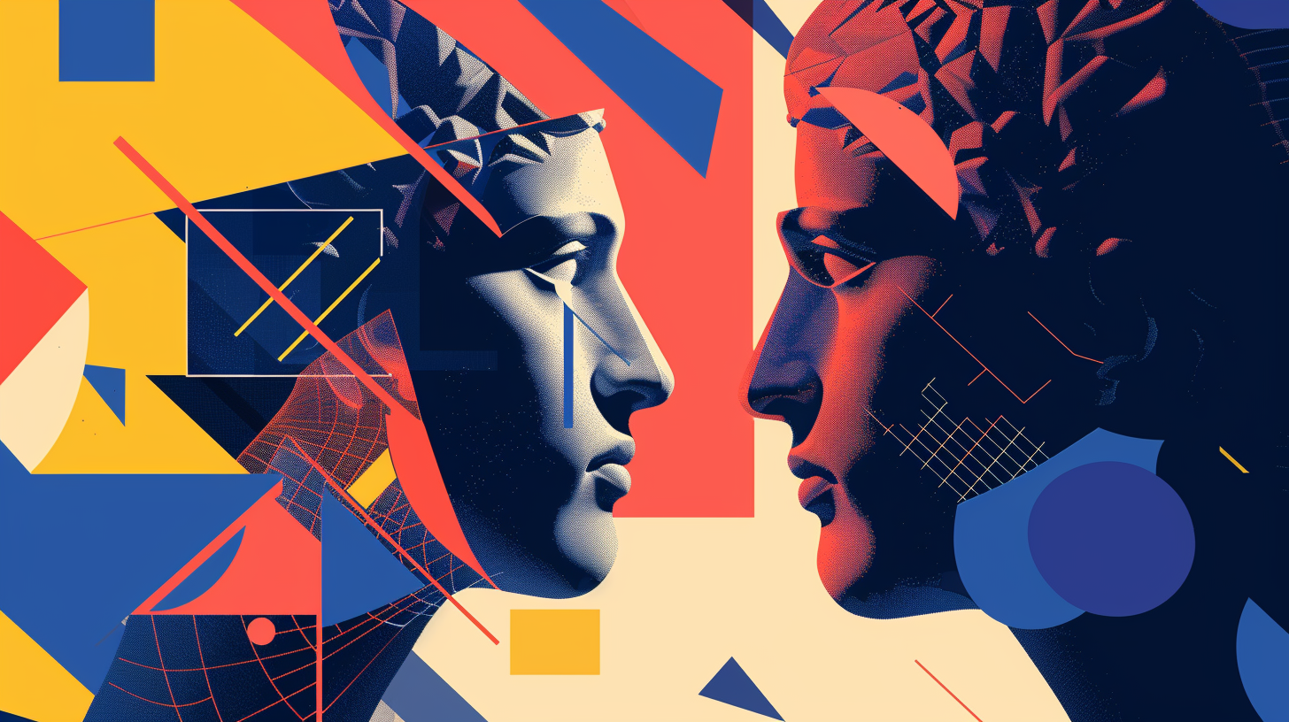 Abstract conceptual artwork representing AI involvement in political campaigns with bold colors and geometric shapes.