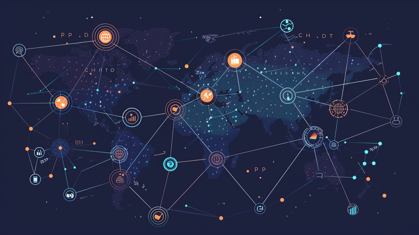 A global map with various nodes representing ChatGPT’s expansion and localization, using a minimalist style