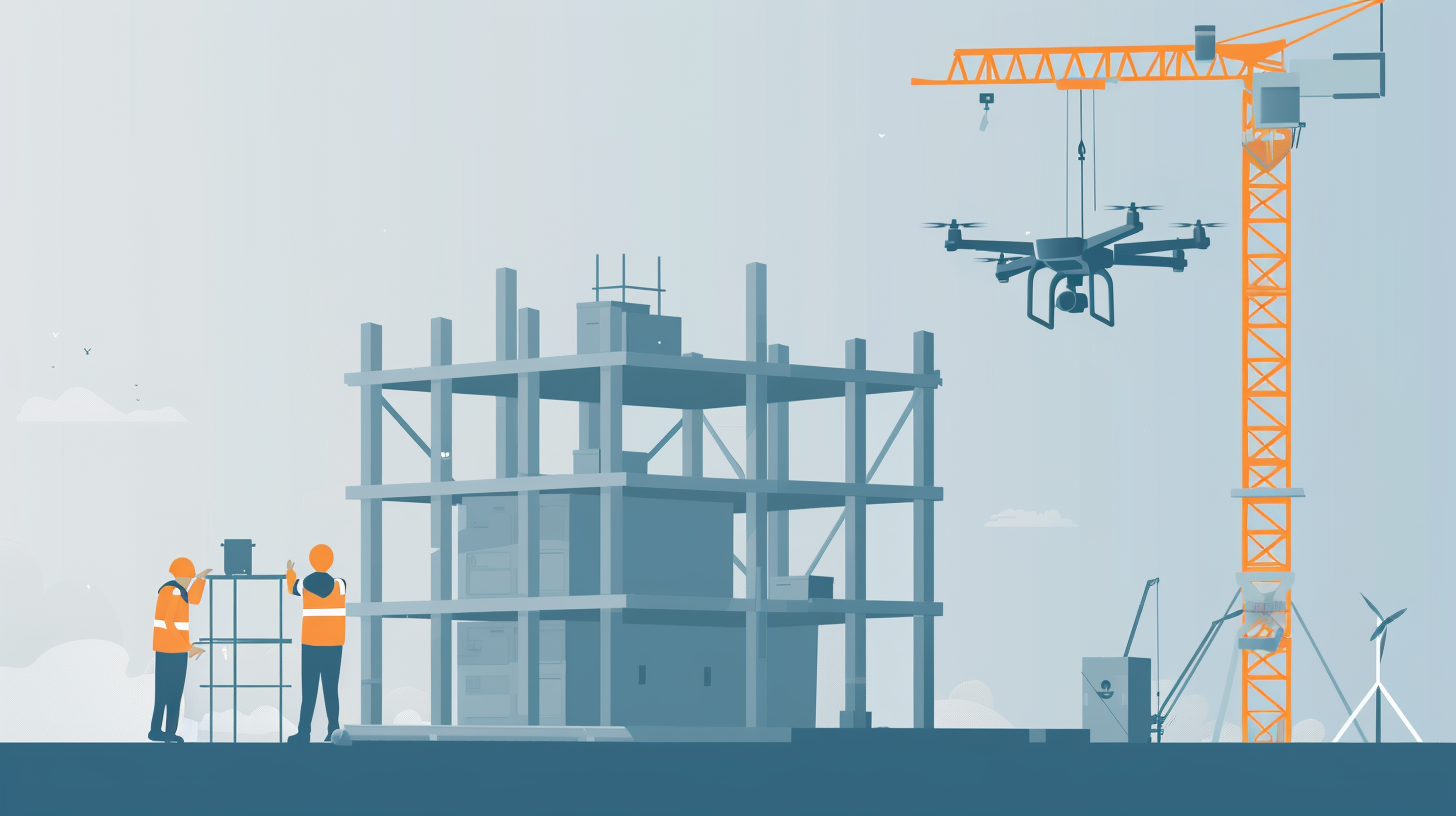 A sleek and professional illustration of TraceAir's drone-based construction management system, highlighting the technology and efficiency of the process.