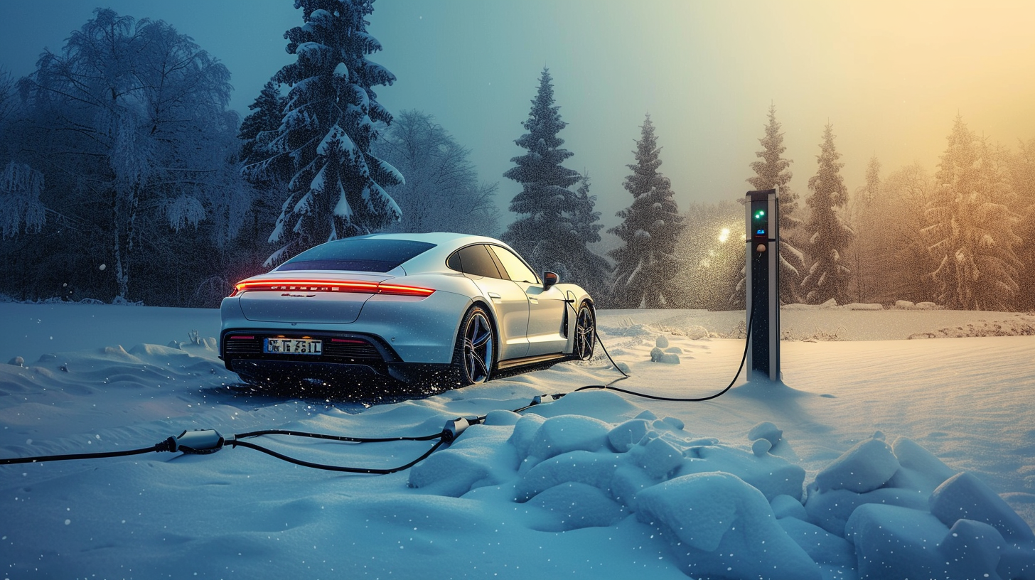 Electric Porsche being charged in a winter setting, showcasing reliable cold weather performance.