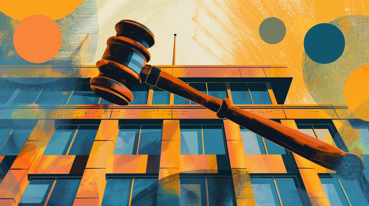 Artistic representation of the CFPB headquarters with a gavel symbolizing the lawsuit against SoLo Funds
