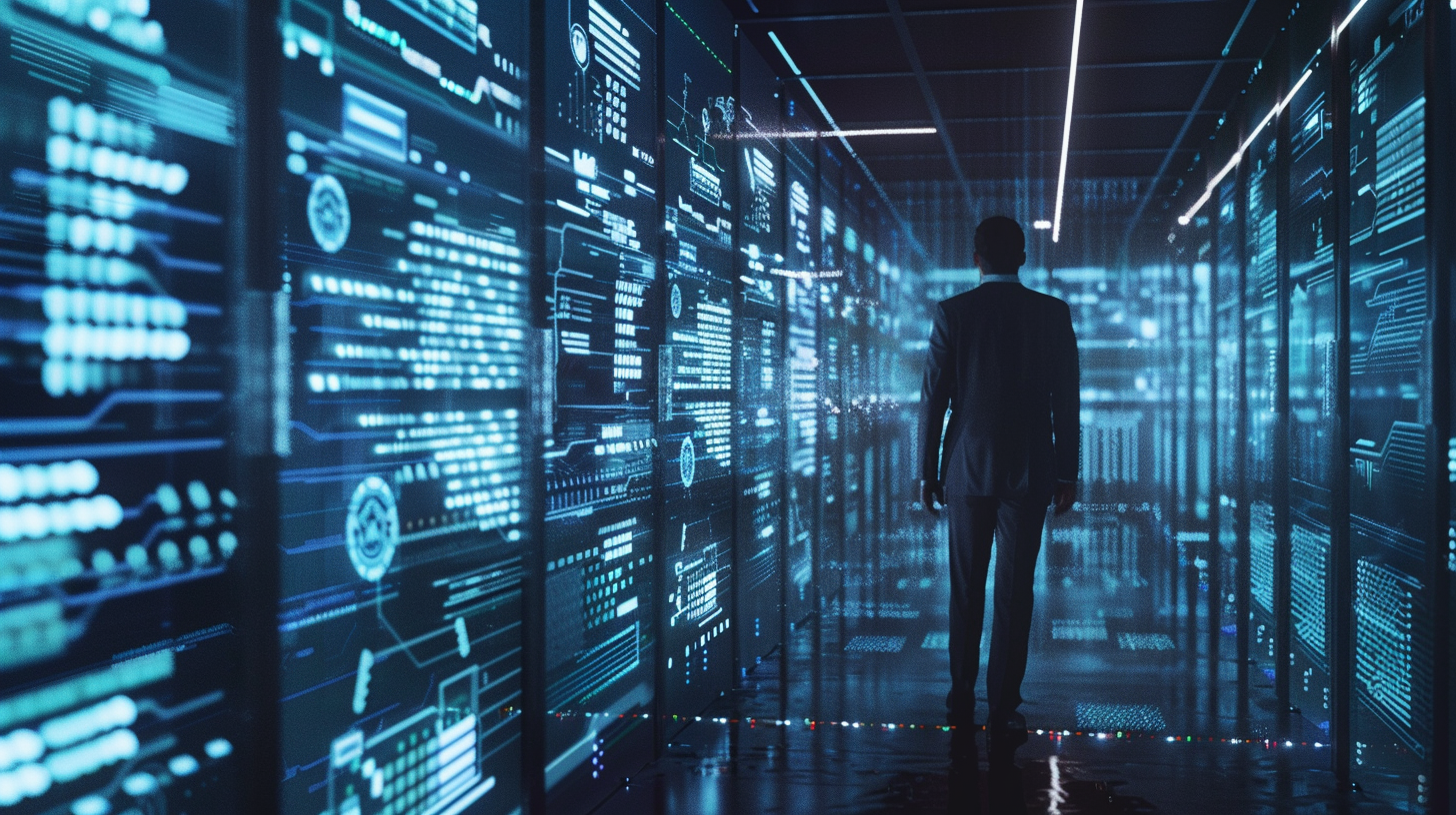 Business professional using a digital interface for efficient log data storage.