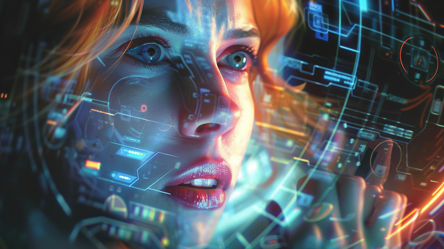 Artistic rendering of Scarlett Johansson speaking with a futuristic AI interface in the background.