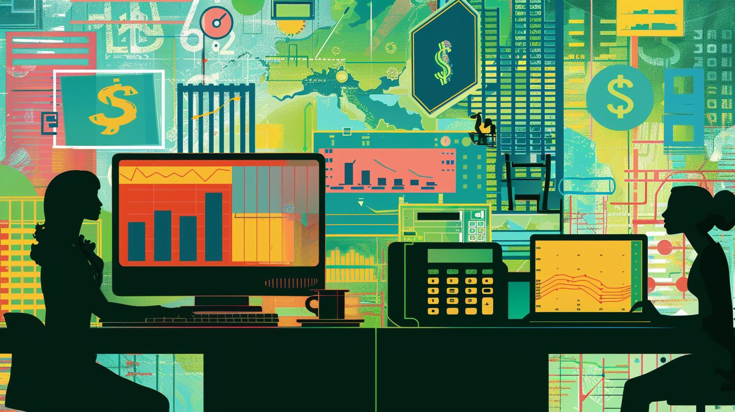 : Illustration of SMEs using automated accounting tools integrated with banking services.