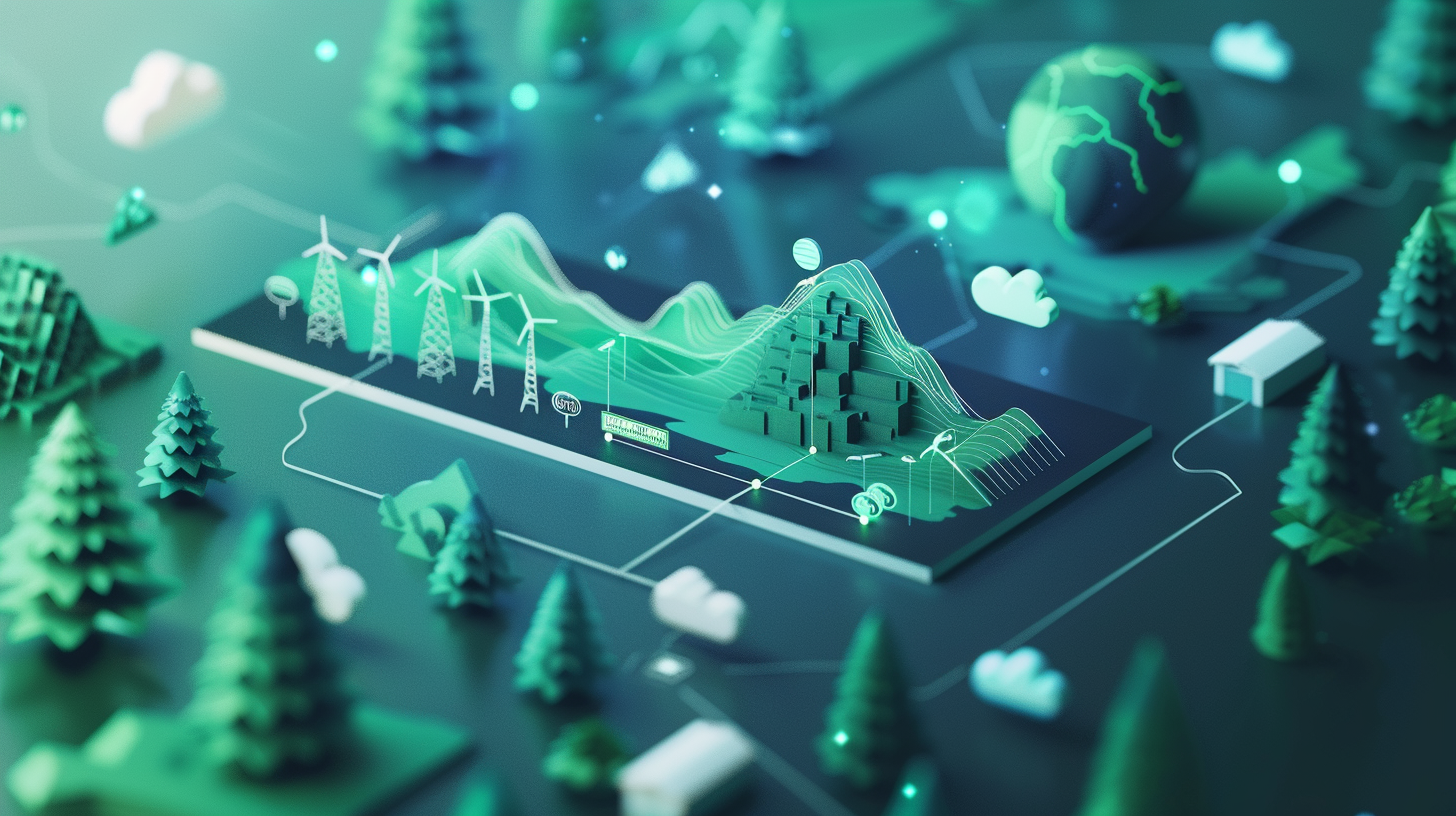 Stylized image of a digital platform interface for managing carbon credits with icons for portfolio management and market analysis.