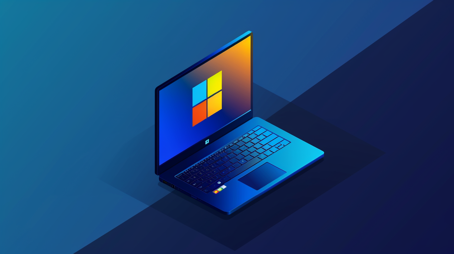 A sleek laptop with a screen displaying a technology news article featuring a logo similar to Microsoft's, set on a minimalistic desk background.