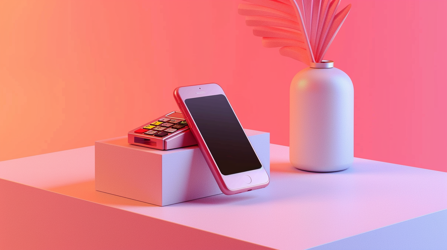 image with a phone paying for the purchase. this is in a minimalist style