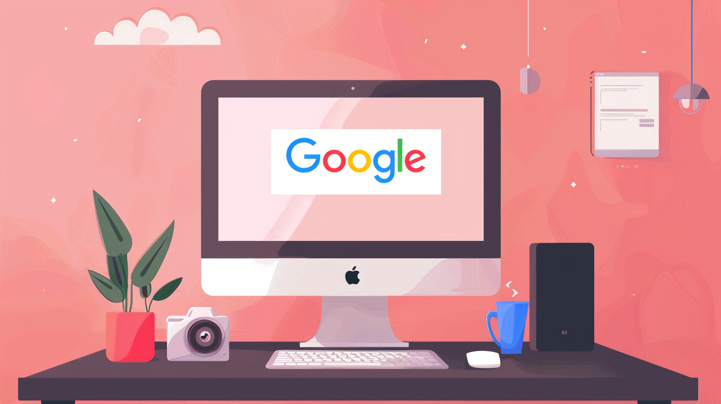 image with computer screen with Google logo in minimalist style.