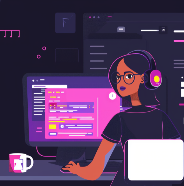 Minimalist art style of a developer using JACoB AI assistant integrated with GitHub and Figma.