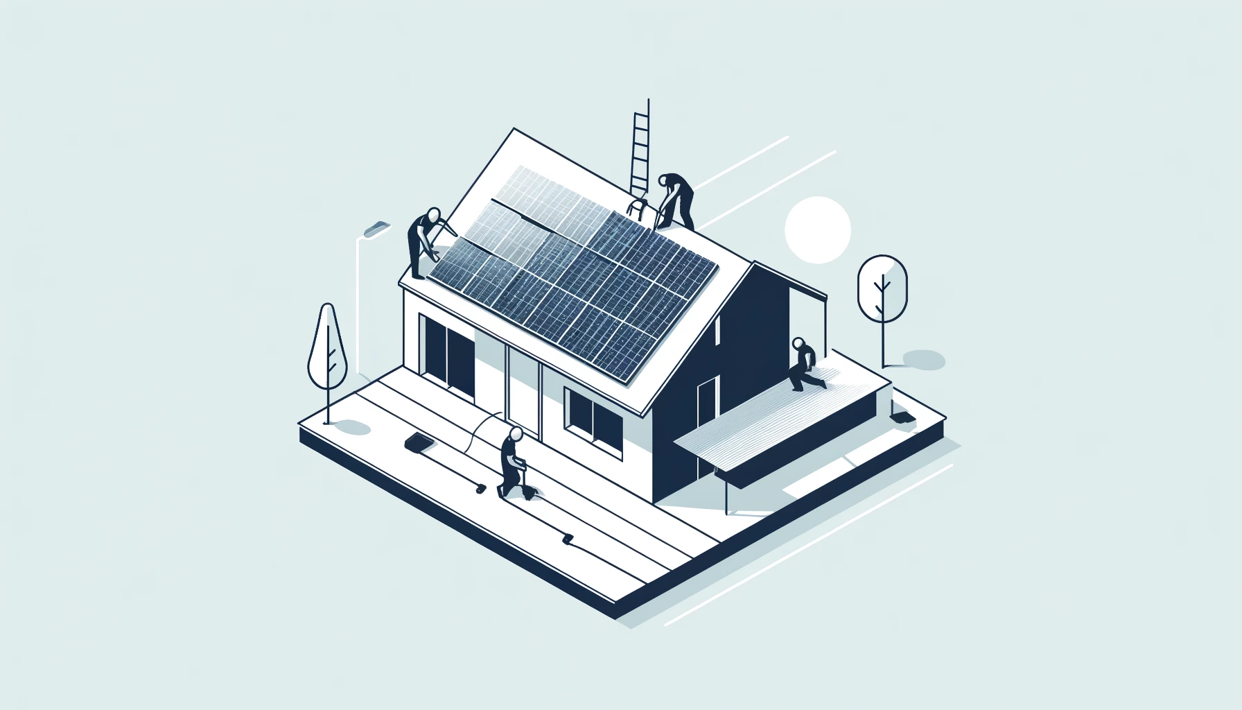 Minimalist illustration of a solar panel installation team working on a residential home.