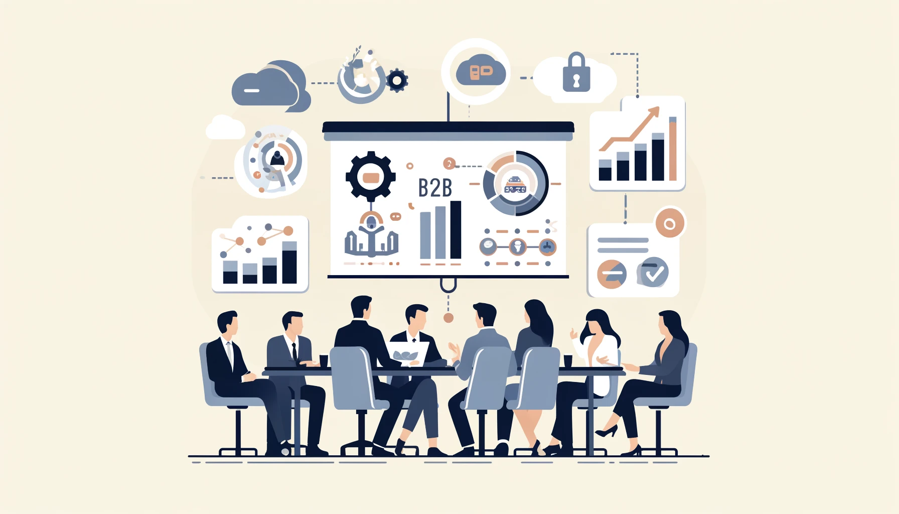 Flat design illustration of professionals discussing B2B marketing and automation tools in a minimalist style.