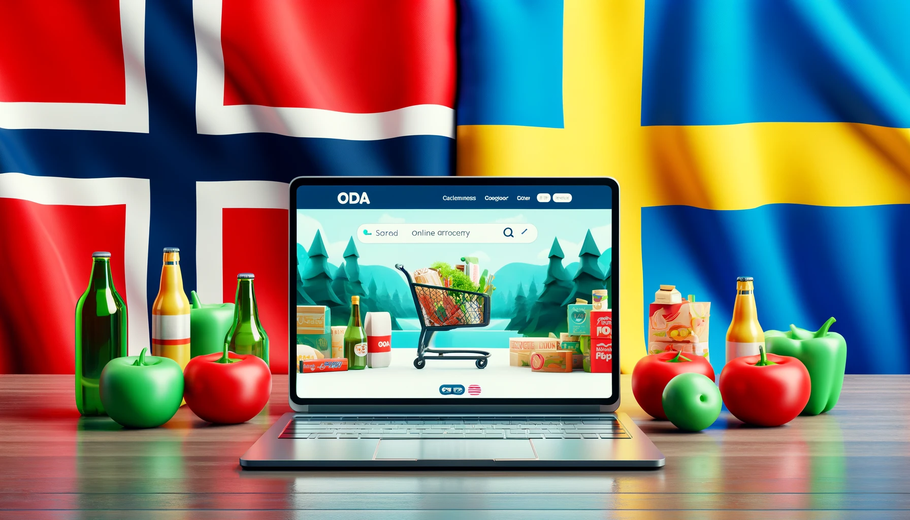 : Oda’s online grocery interface with a backdrop of Norway and Sweden.