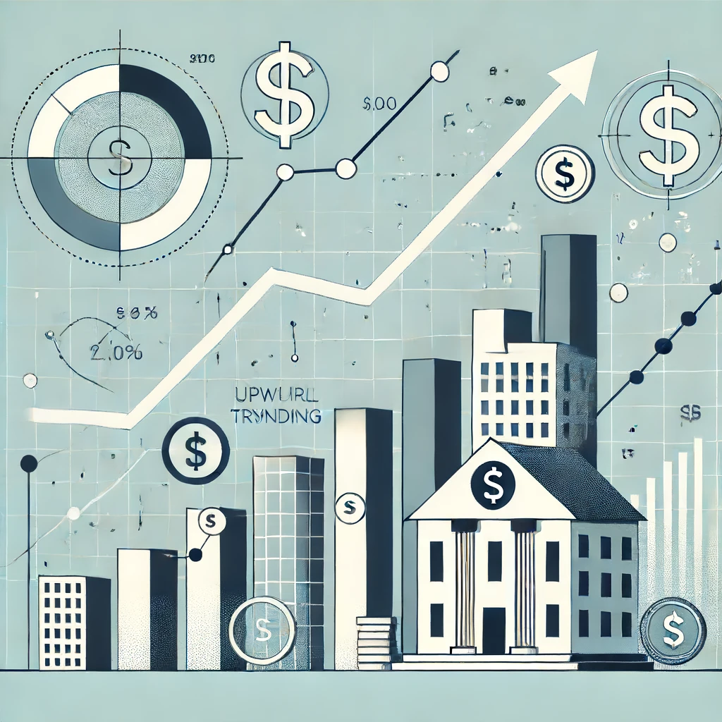 Minimalist stylized graphic of a fintech company's growth trajectory with upward-trending graphs, dollar signs, and a corporate building