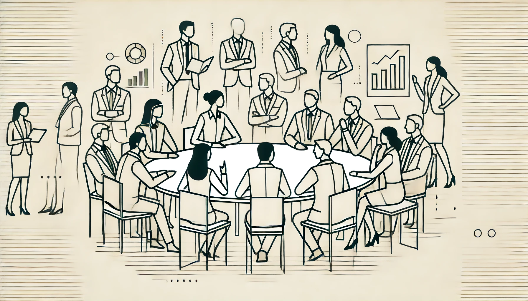 Minimalist design showing diverse business professionals in a discussion around a table with a clean, simple background.