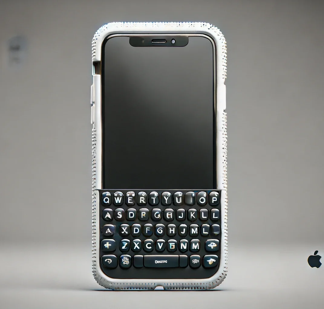 e image of an iPhone case with a BlackBerry-style keyboard at the bottom, positioned on the front of the phone.