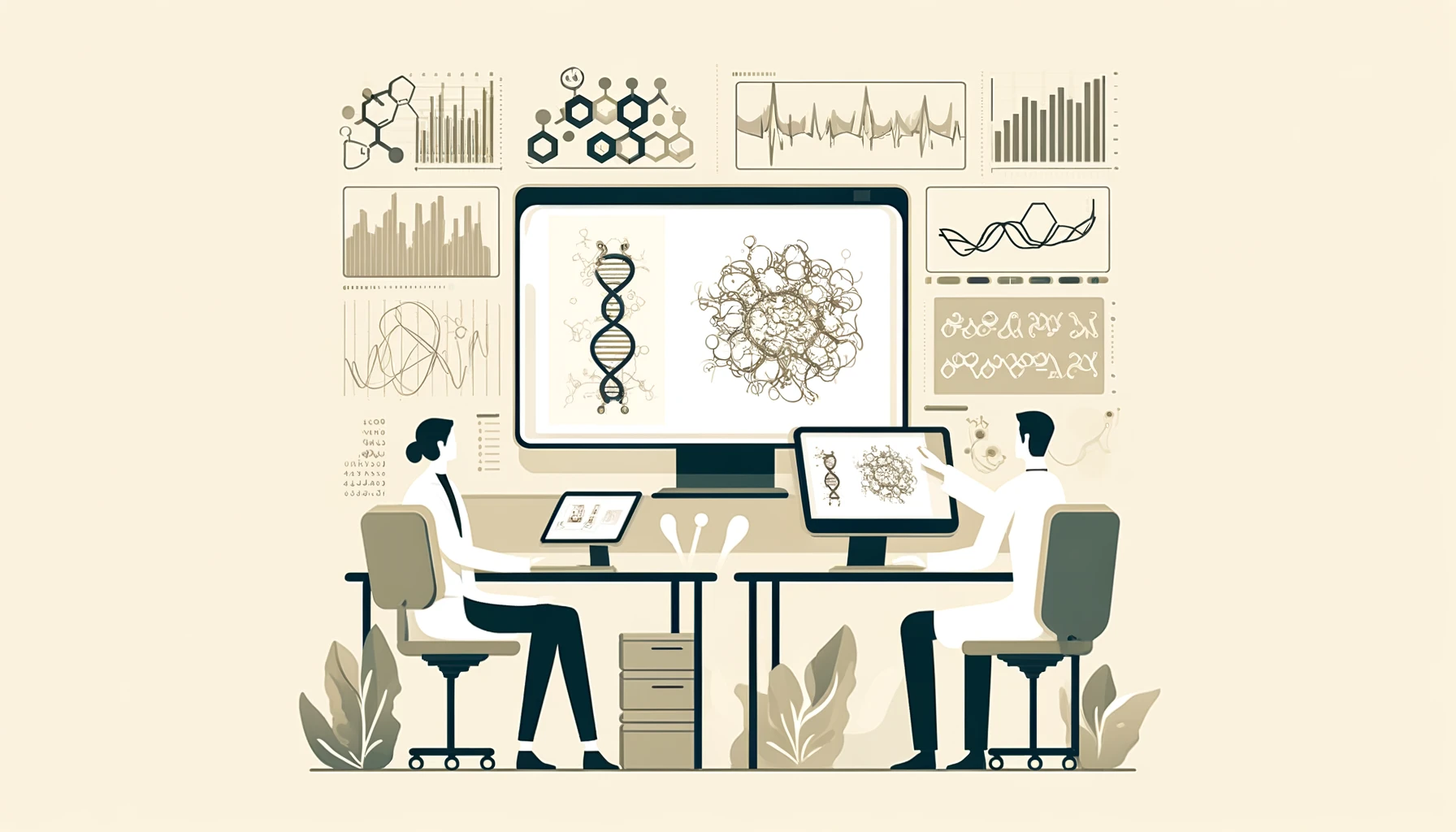 Minimalist illustration of scientists using advanced computational tools for protein design