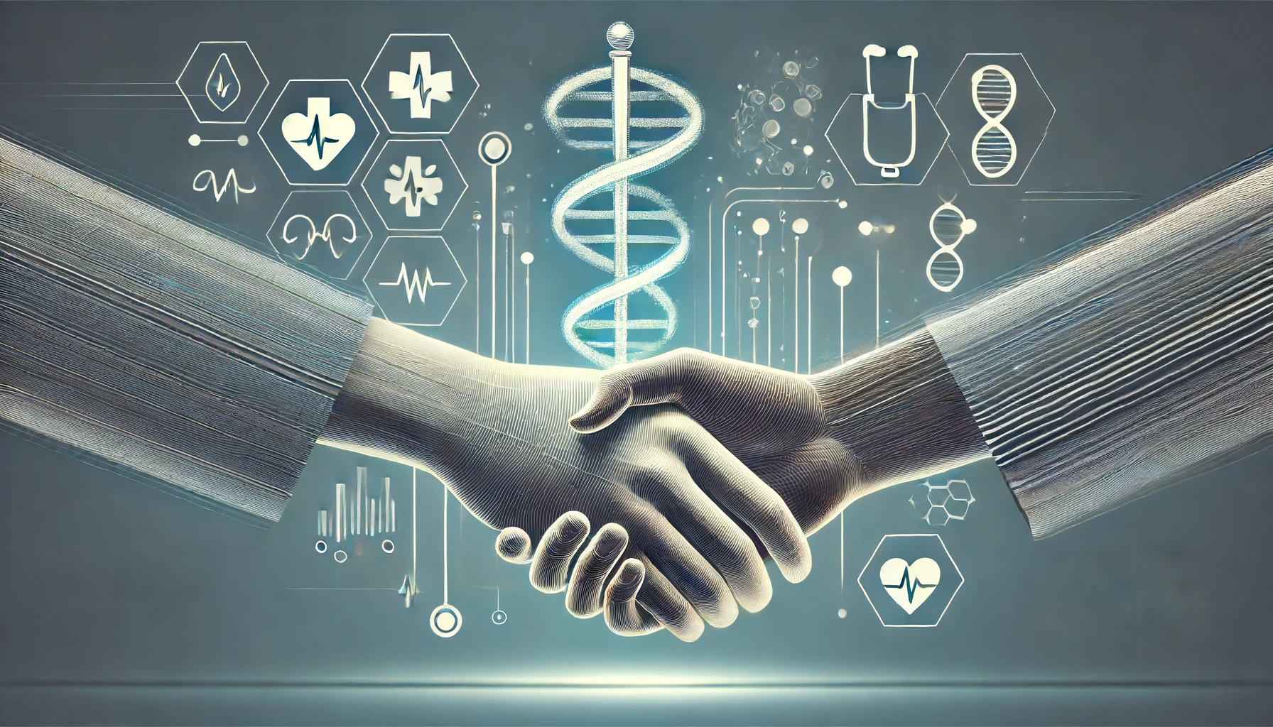 "Minimalist rendering of venture capital investment in healthcare innovations with handshake and healthcare icons