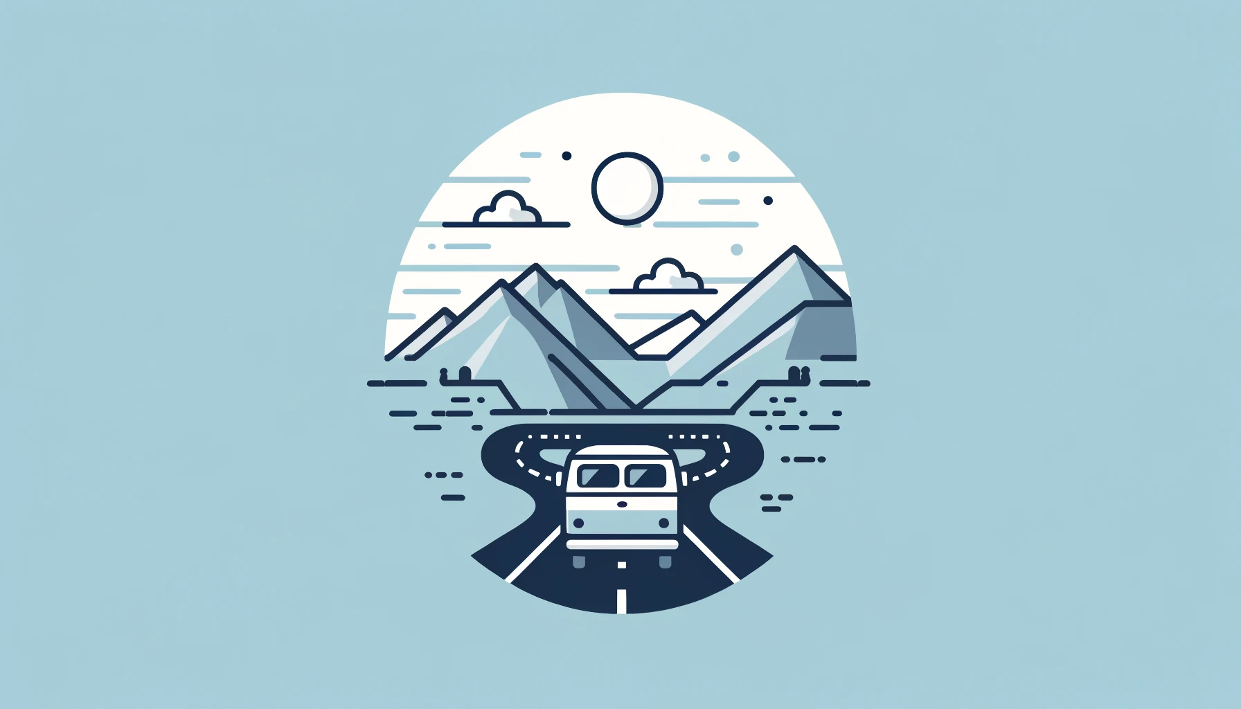 Minimalistic illustration of a camper van on a scenic mountain road.