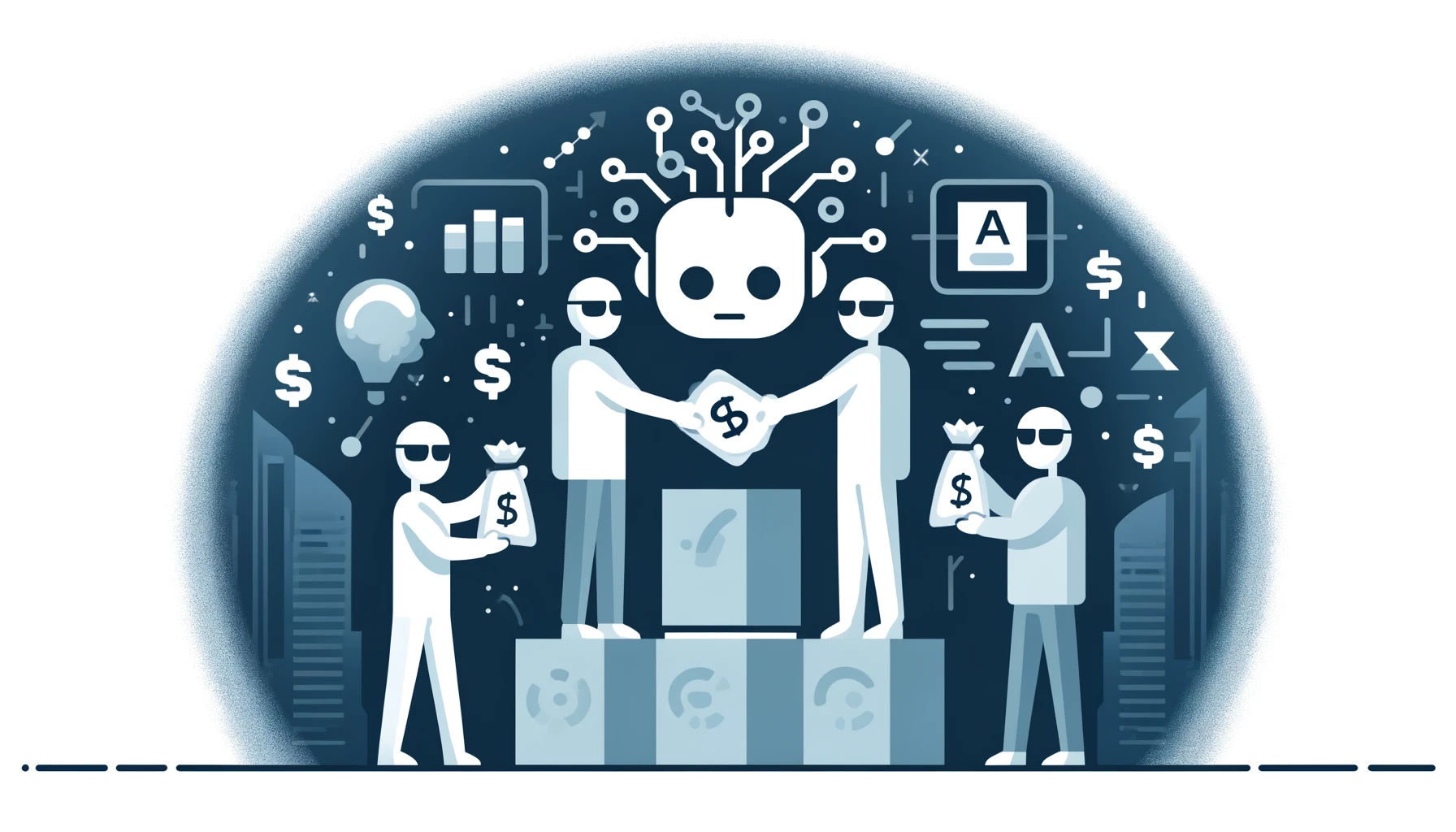 Venture capitalists selling shares in AI startups in a minimalist style.