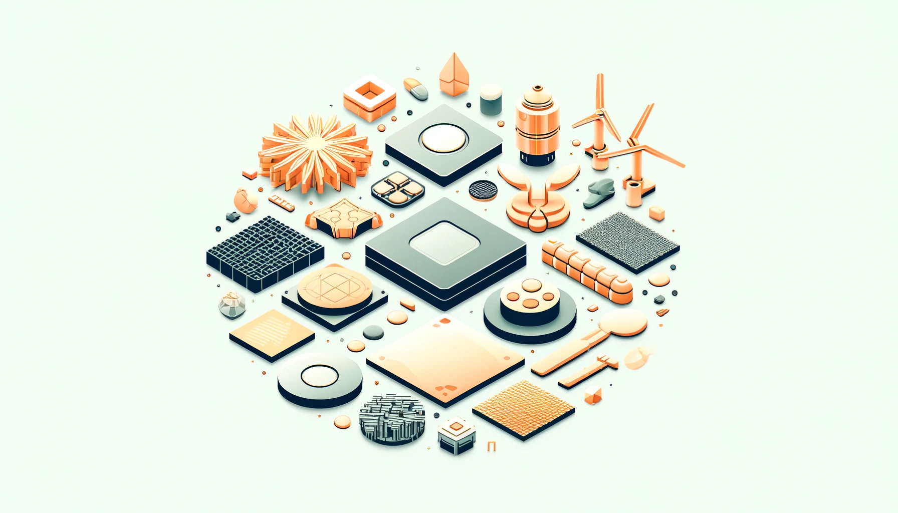 Minimalist style image of valuable minerals being reclaimed from mining waste using silicon wafers