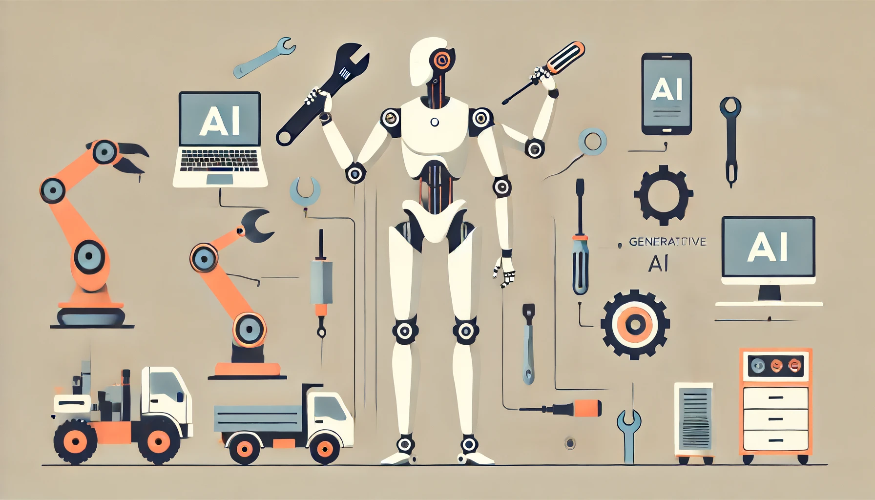 Minimalist illustration of a humanoid robot using multiple tools, showcasing generative AI advancements.