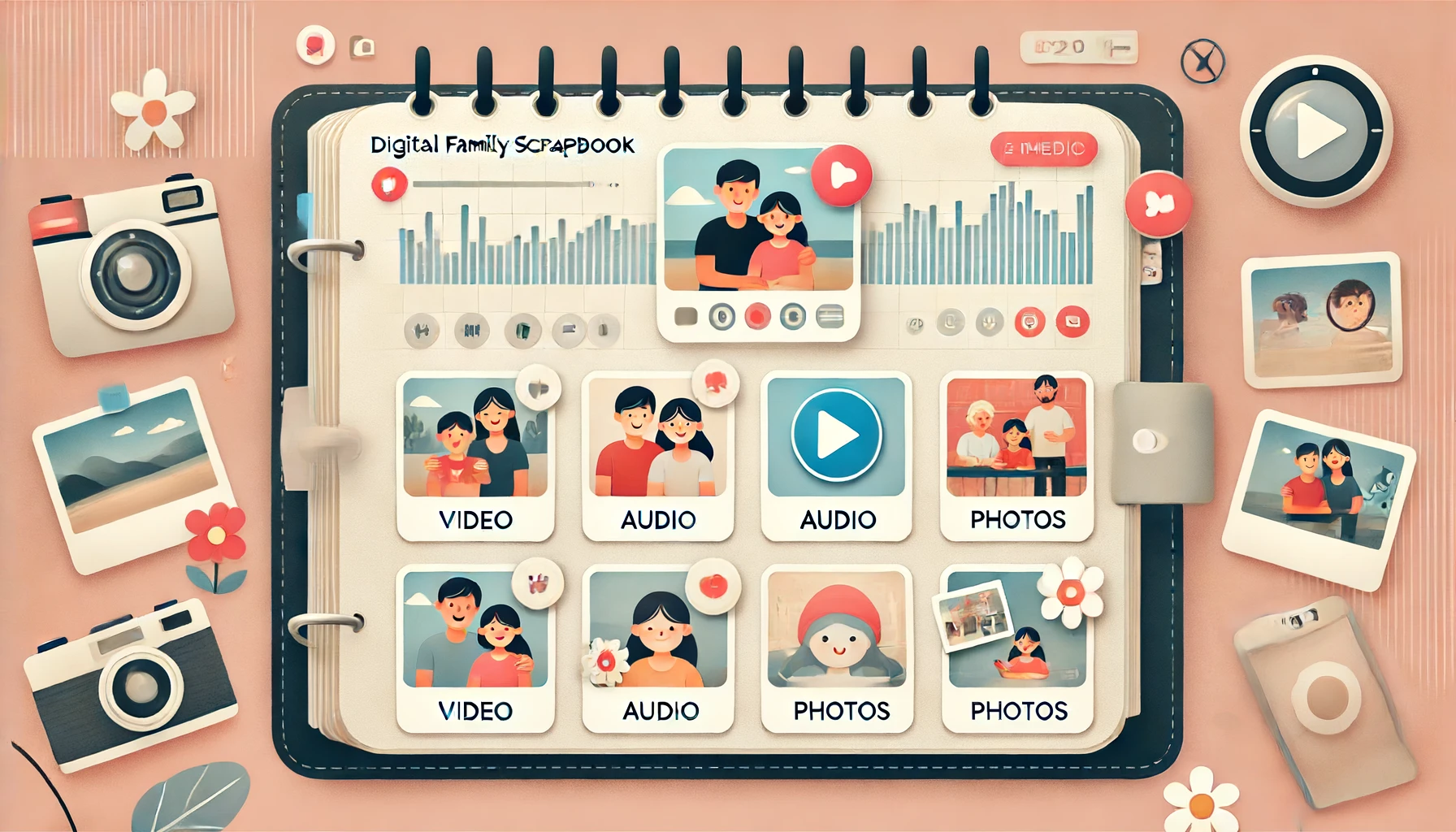 Illustration of a digital family scrapbook app interface with timeline and media options.