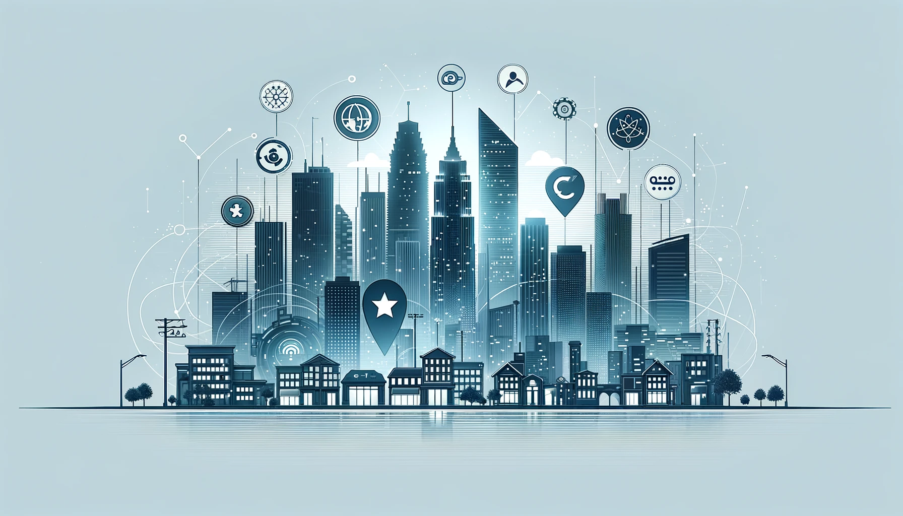 Minimalist city skyline with tech company logos representing startup ecosystem