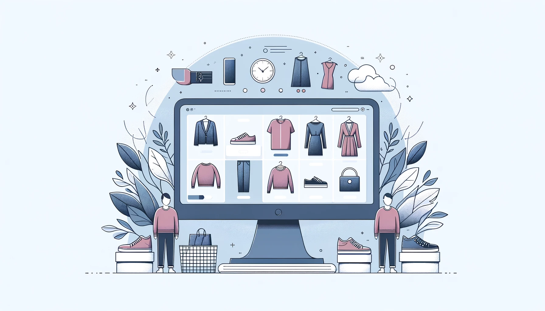 Minimalist style illustration of an internet shop selling clothes with a sleek, modern design and a simple, organized interface displaying clothing items.