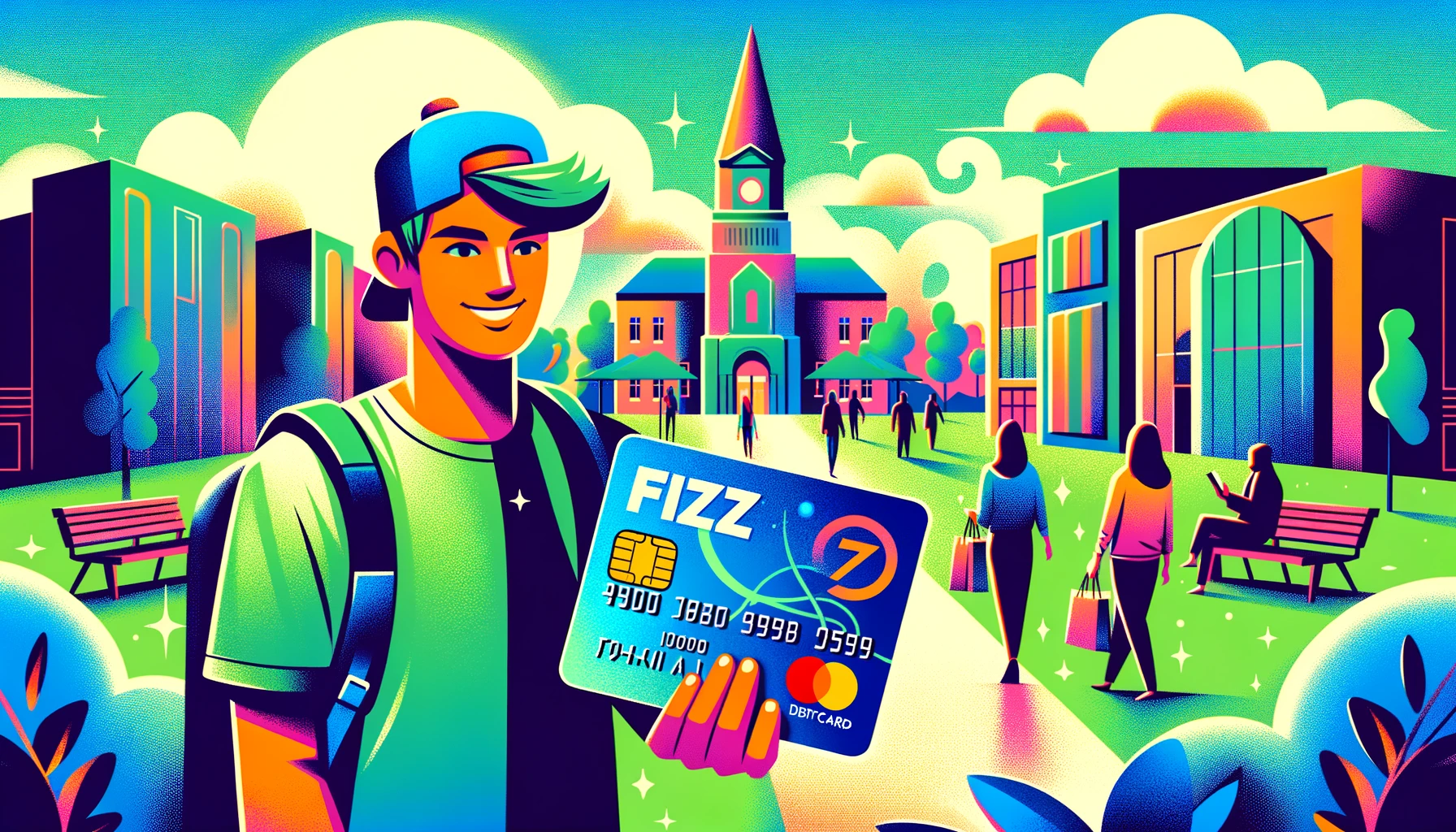 Stylized illustration of a Gen Z college student using the Fizz debit card for purchases