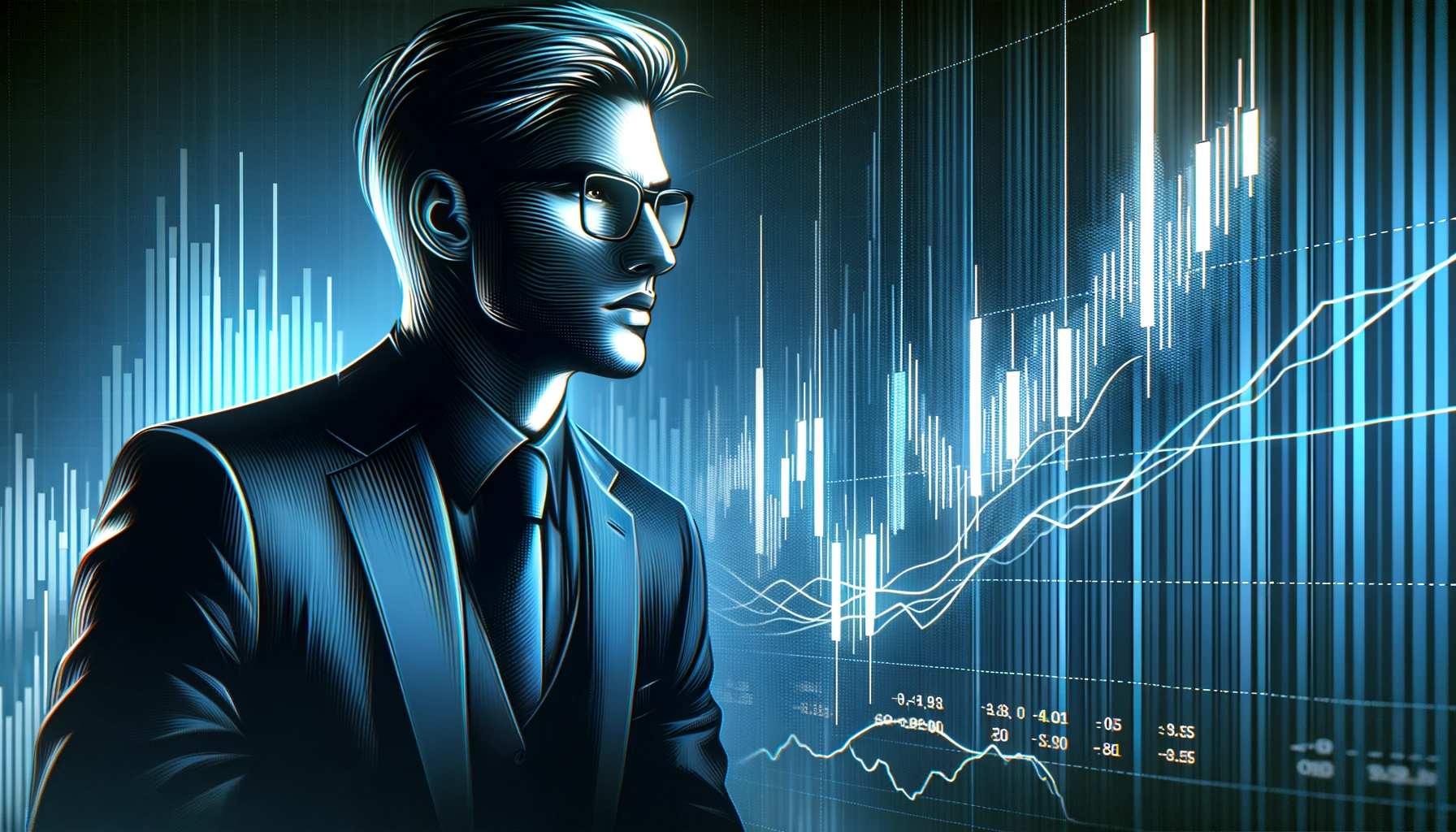 Stylized image of a business person viewing fluctuating stock prices on a digital screen