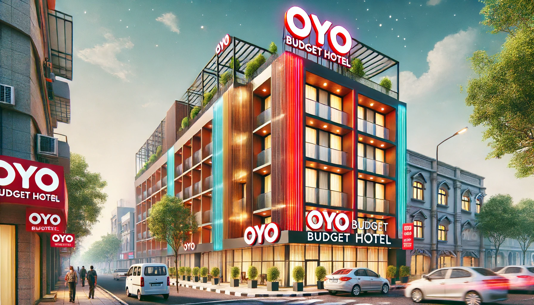 Exterior view of an Oyo budget hotel highlighting market presence