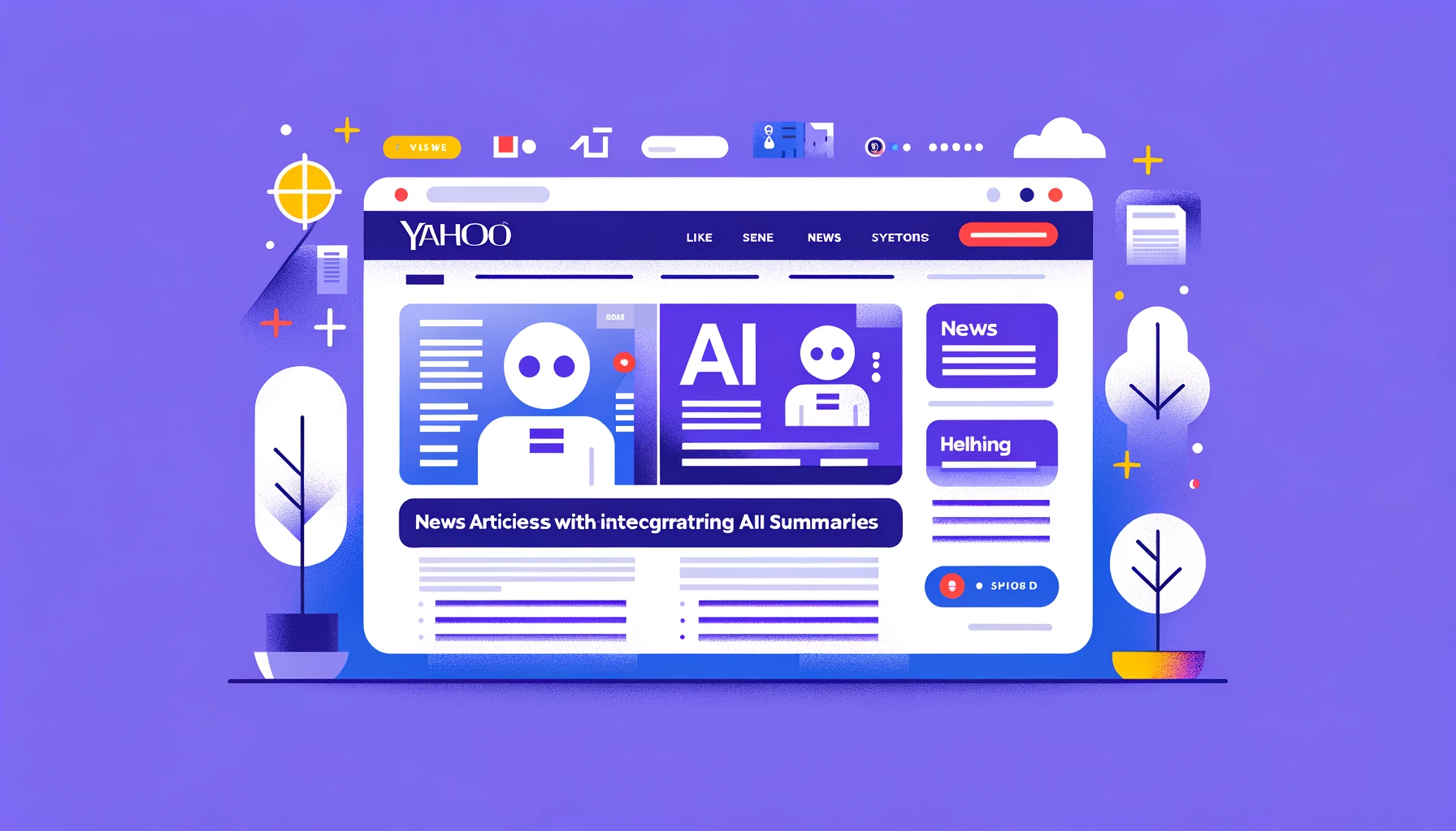 Minimalist vector art depicting Yahoo News integrating AI summaries.