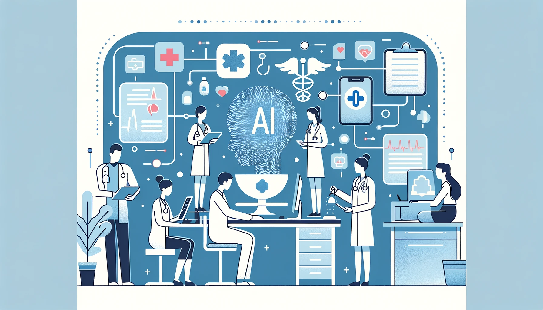 AI technology streamlining healthcare approvals with doctors and nurses using digital devices in a minimalist style.
