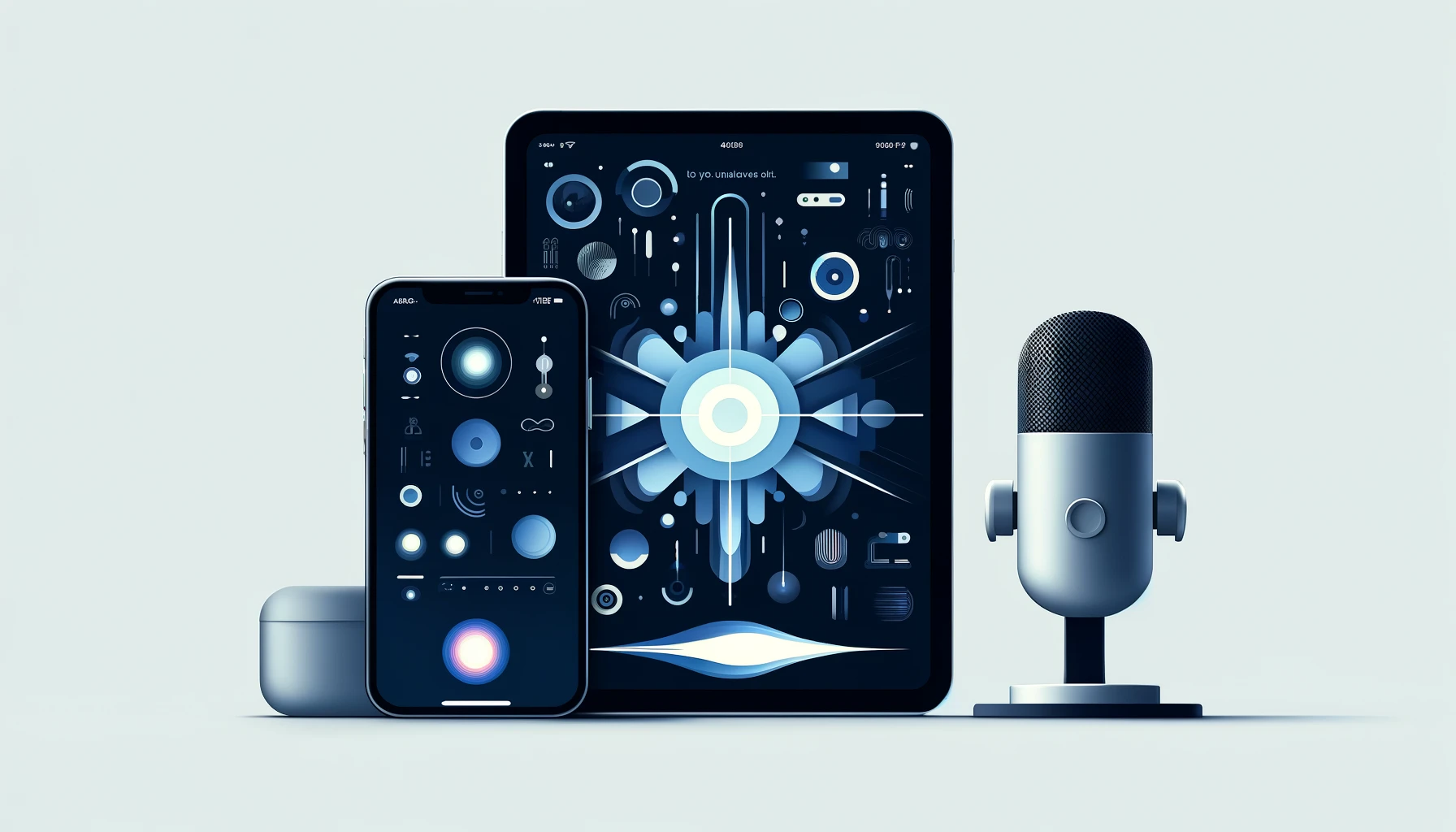 Minimalist depiction of Siri interface on iPhone, iPad, and MacBook with generative AI capabilities in a sleek, modern style.