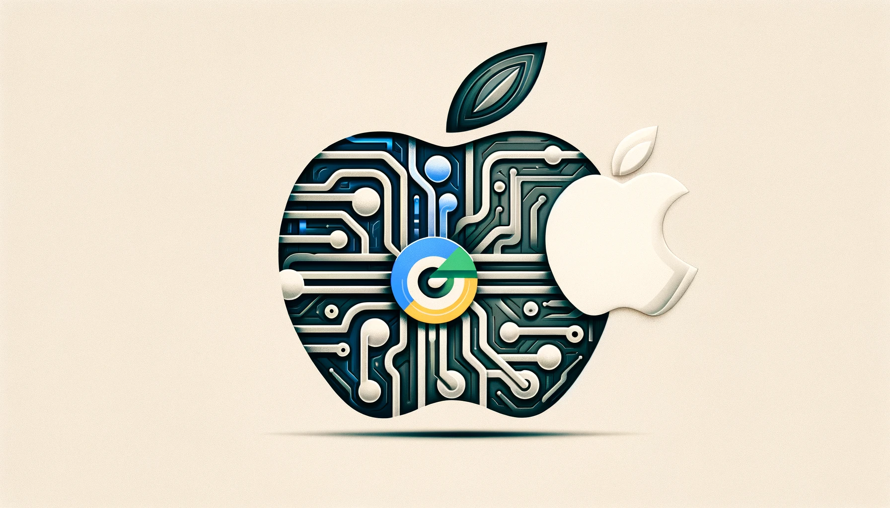 Abstract depiction of Apple and Google logos merging with AI elements in minimalist style