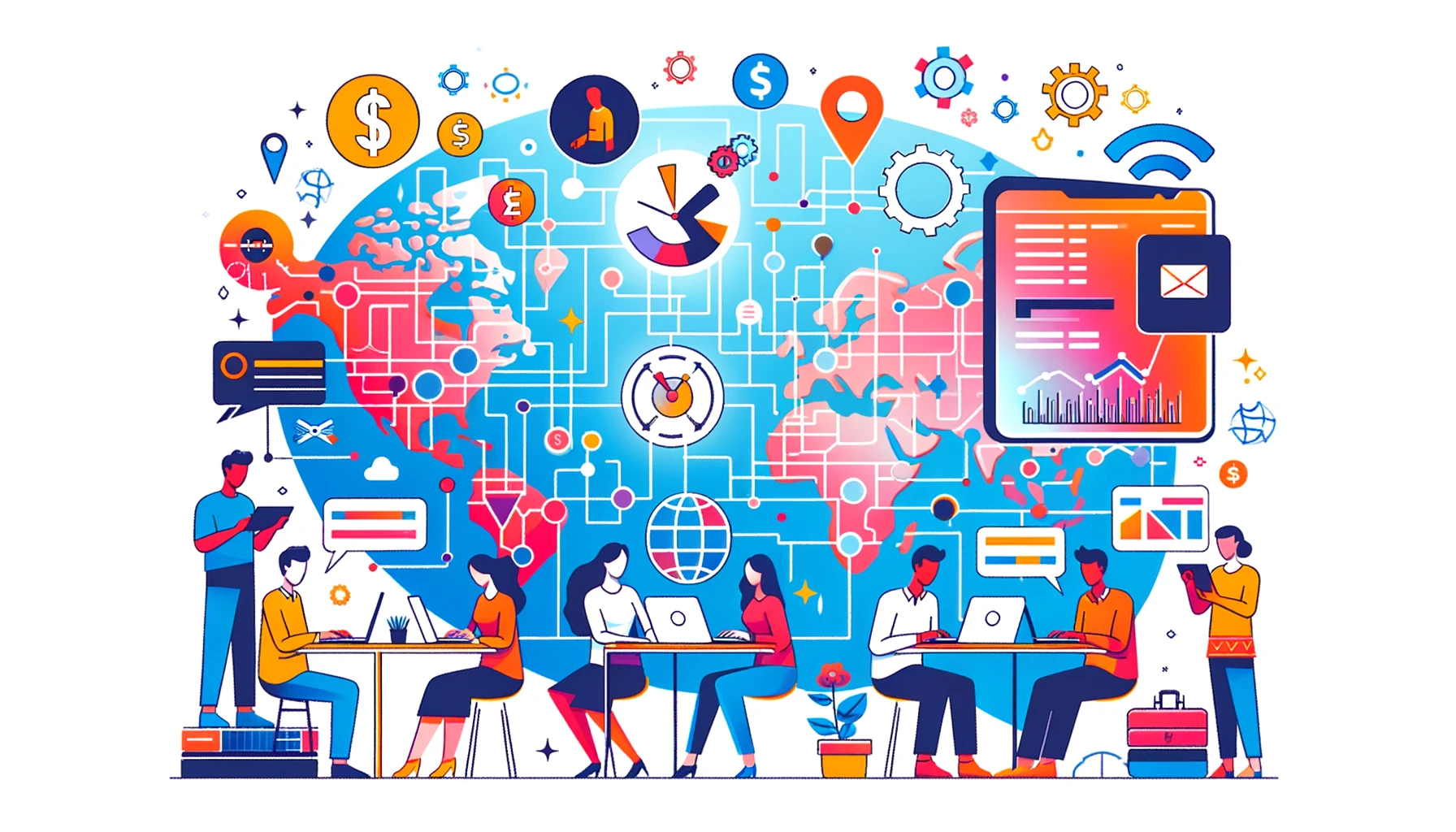 A vibrant illustration of freelancers from different countries working remotely, connected through a global network. They use various devices, with digital payment icons and financial graphs integrated into the background in minimalist style