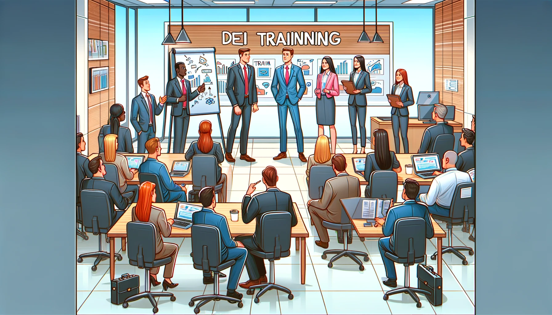 Employees of various backgrounds in a DEI training session in a corporate office.