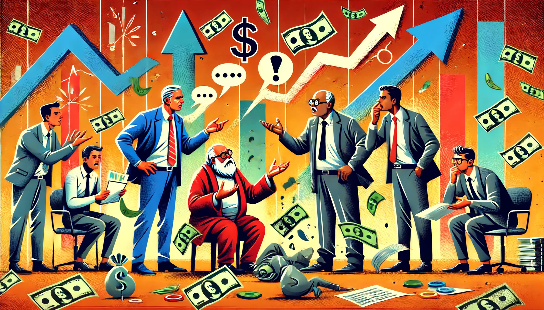 Illustration of investors in a heated discussion over Byju’s financial troubles, abstract art style