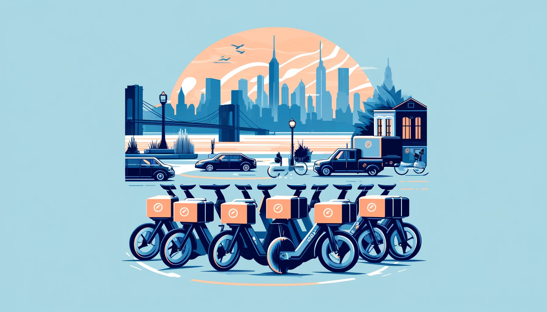 "Graphic showing Whizz e-bikes parked at a delivery hub in NYC, emphasizing the subscription model