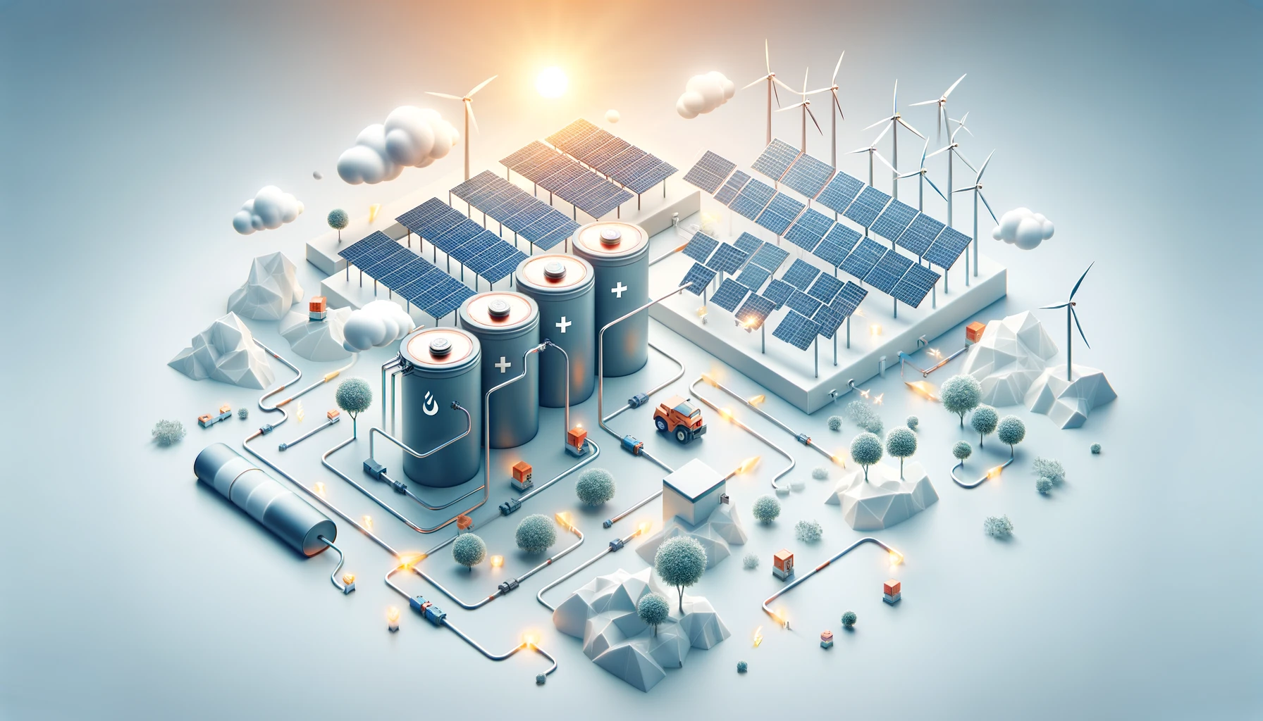 Minimalist visualization of renewable energy storage using nickel-hydrogen batteries, with solar panels and wind turbines connected to battery storage systems.