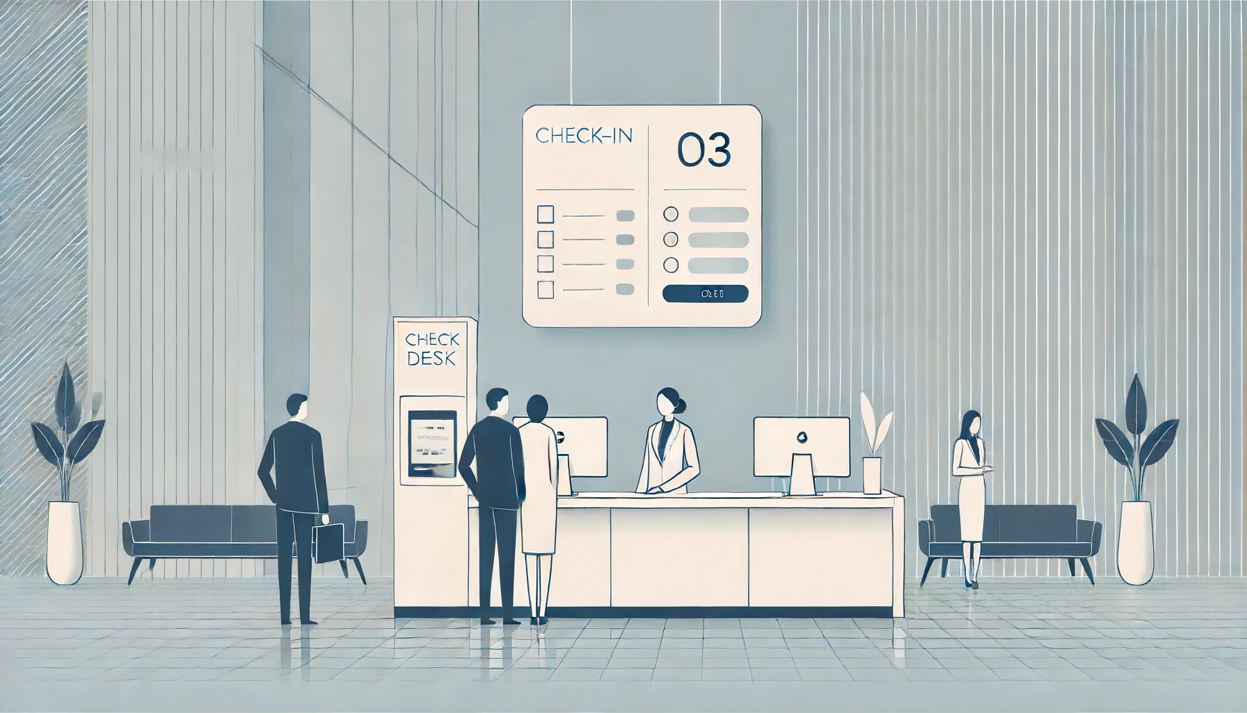 Minimalist vector art illustrating a simple yet elegant hotel front desk with digital check-in and guests interacting with digital screens in minimalist style