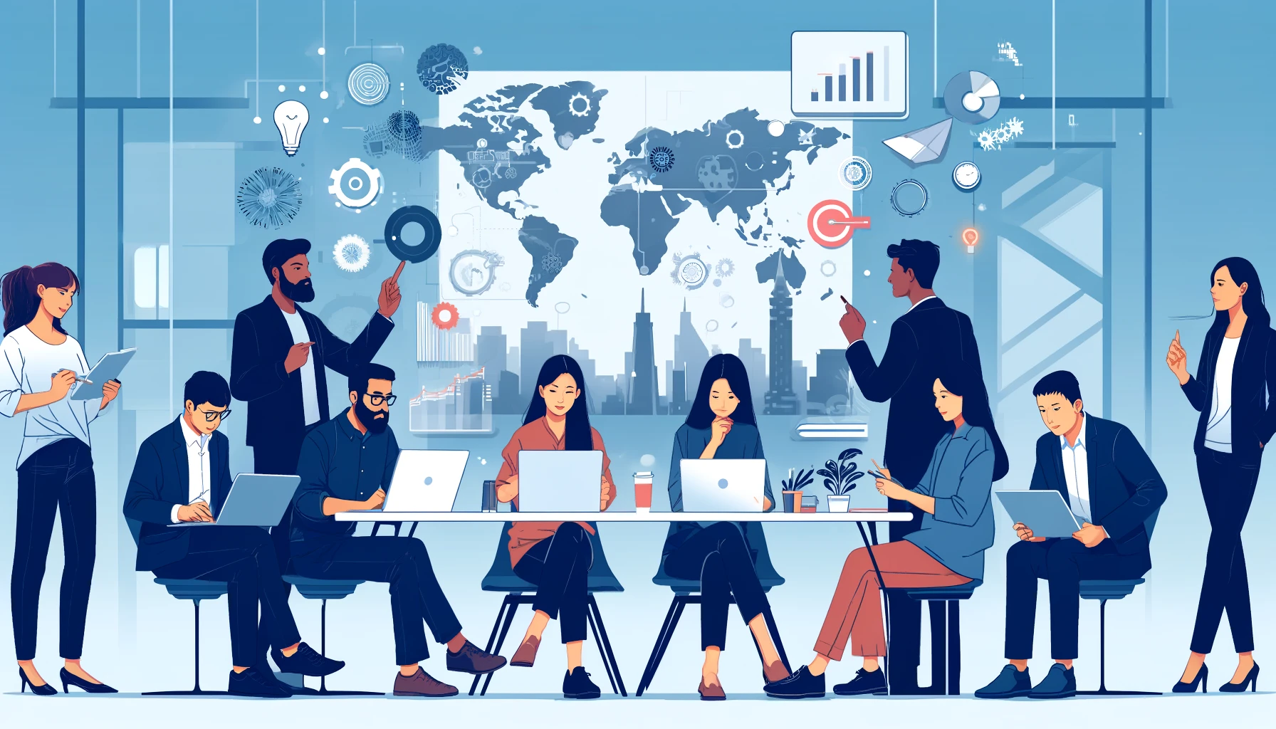 Illustration of diverse entrepreneurs in Asia collaborating on a startup project.