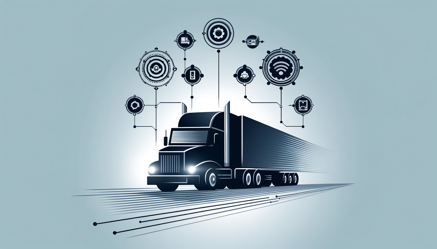 Minimalist graphic design of a truck with digital integration symbols indicating seamless system integration and modernized operations in the trucking industry.