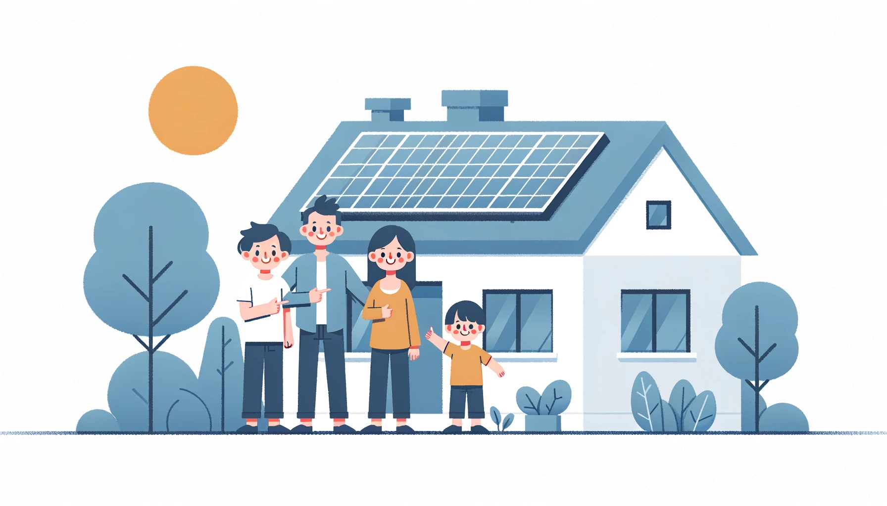 Happy family in front of their solar-powered home in minimalist style