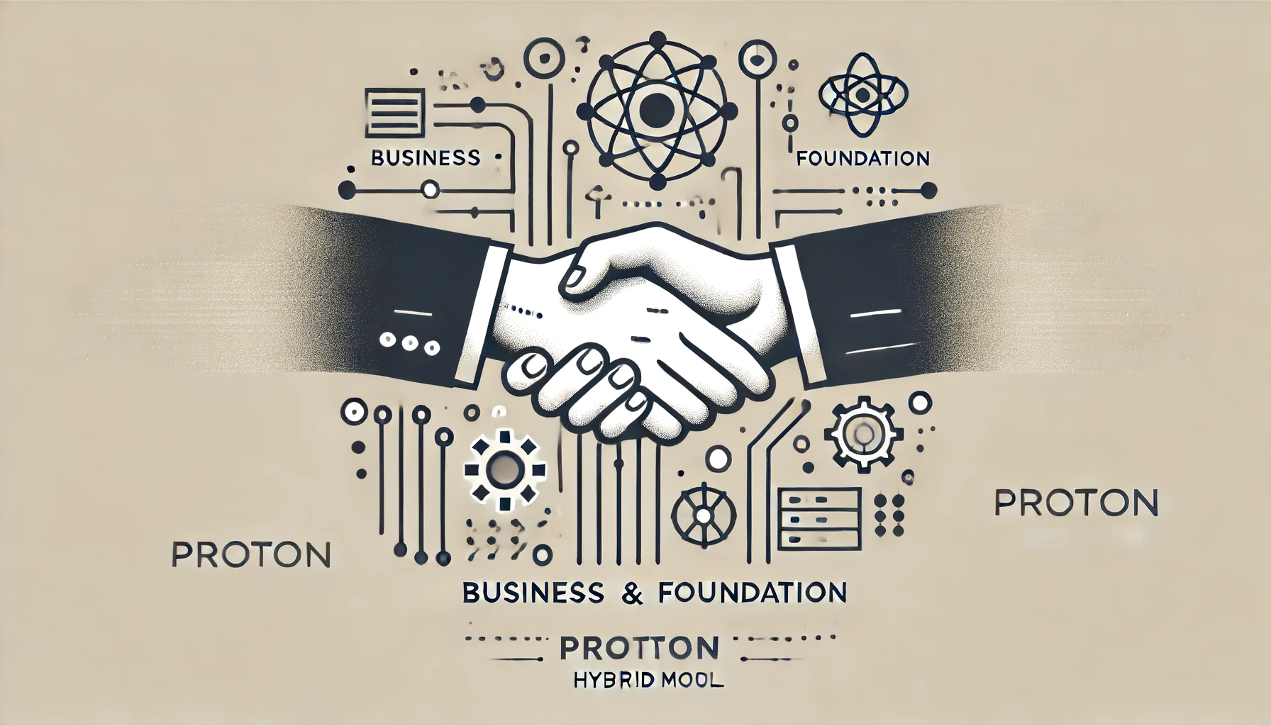 Handshake between business and foundation representatives, symbolizing Proton’s hybrid model in a minimalist style