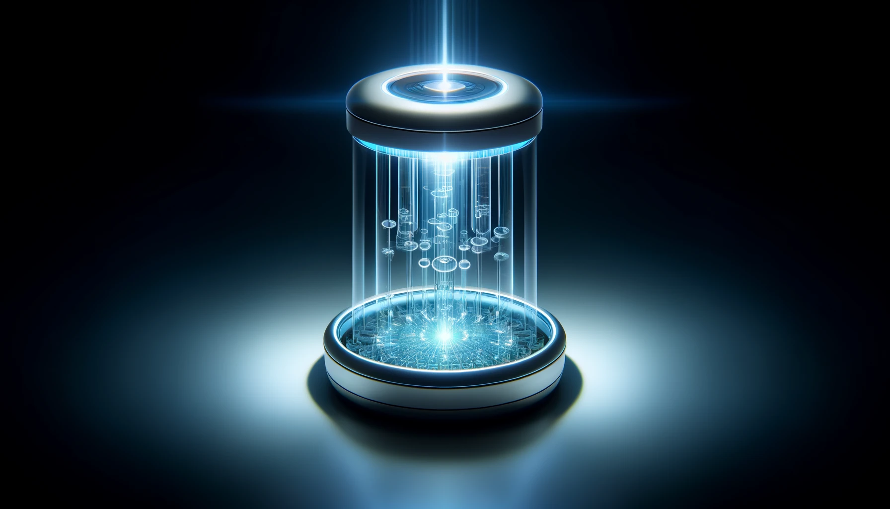 Futuristic illustration of a bioreactor emitting light to cultivate cells for medical and food applications.