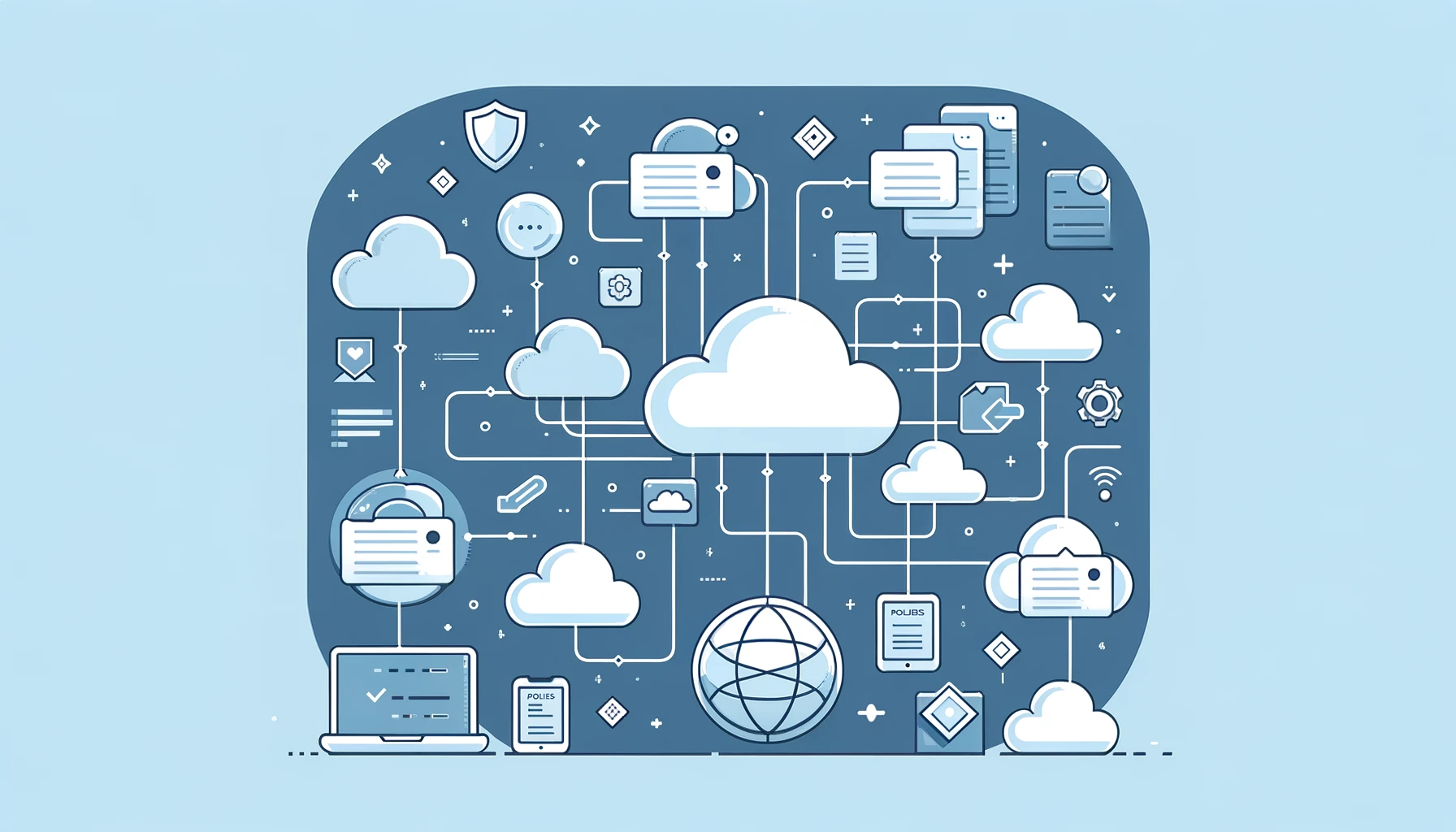 Minimalist illustration of cloud governance with interconnected accounts and policies, using clean lines and geometric shapes in blues and greys