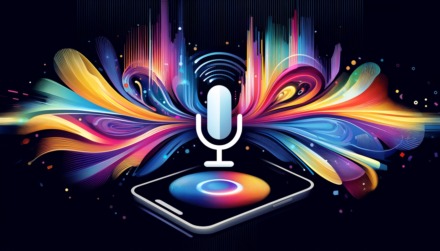 Design an abstract depiction of generative AI technology improving Apple's Siri. Use colorful and dynamic visuals to represent the AI processes and interactions with Siri in minimalist style